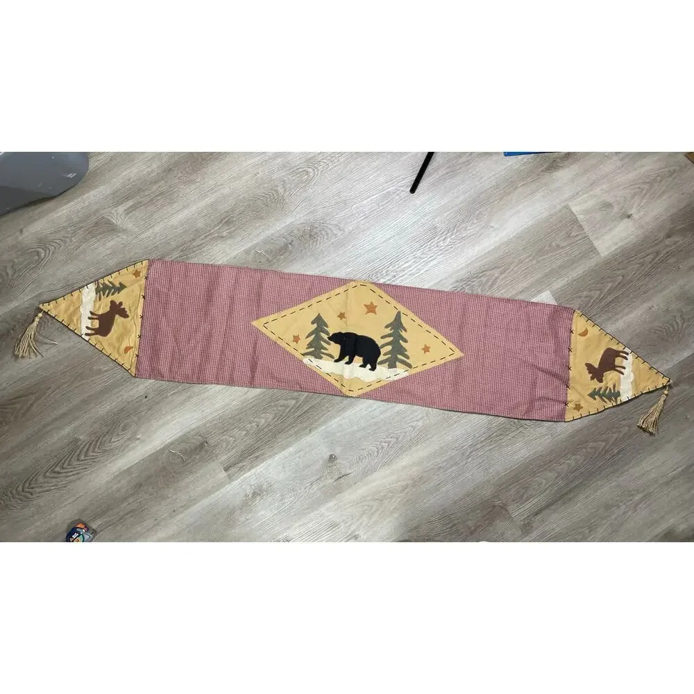 Rustic Lodge Wildlife‎ Table Runner Bear Deer Pine Tree Tapestry Tassel Cabin